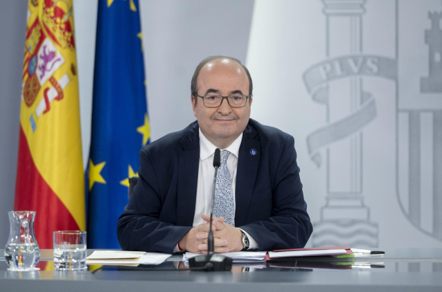 El ministro de Cultura y Deporte, Miquel Iceta, durante una rueda de prensa posterior a la reunión del Consejo de Ministros, en el Palacio de la Moncloa, a 29 de agosto de 2023, en Madrid (España). Durante la comparecencia, Iceta, ha reiterado que el Gobi