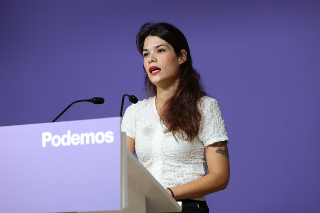La portavoz nacional de Podemos, Isa Serra, ofrece una rueda de prensa, en la sede del partido, a 11 de septiembre de 2023, en Madrid (España).
