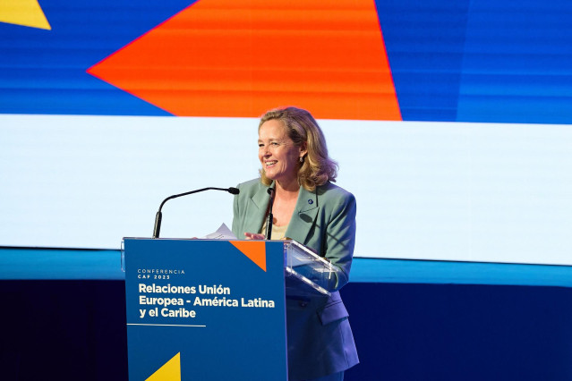La vicepresidenta primera y ministra de Economía y Transformación Digital en funciones del Gobierno, Nadia Calviño, inaugura la Conferencia CAF 'Unión Europea, América Latina y el Caribe: Una agenda conjunta para el desarrollo'