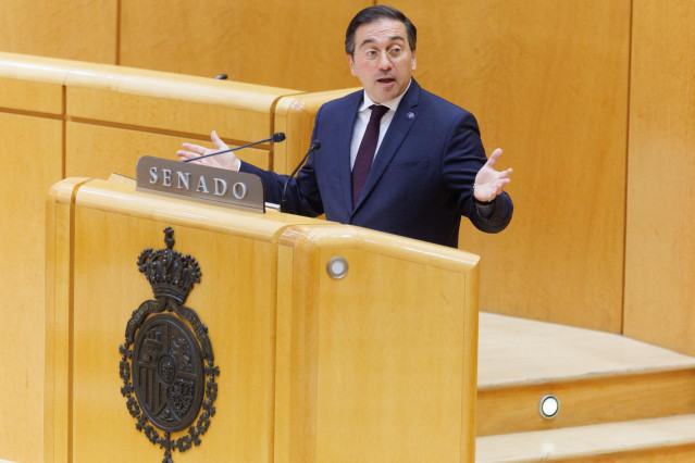 El ministro de Asuntos Exteriores, Unión Europea y Cooperación en funciones, José Manuel Albares, interviene durante la reunión de presidentes de la COSAC en el Senado, a 18 de septiembre de 2023, en Madrid (España). Los presidentes de la Conferencia de Ó