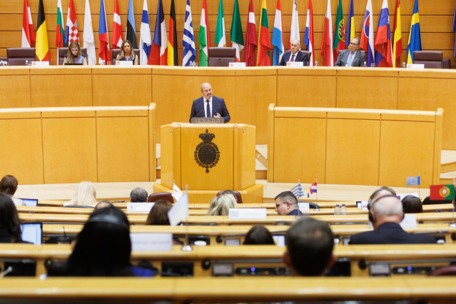 El presidente del Senado, Pedro Rollán, clausura la reunión de presidentes de la COSAC en el Senado, a 18 de septiembre de 2023, en Madrid (España). Los presidentes de la Conferencia de Órganos Especializados en Asuntos Europeos (COSAC) han participado en