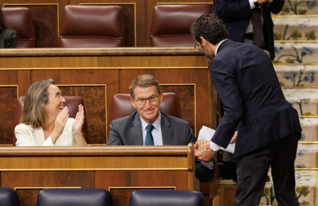 (I-D) La portavoz del PP en el Congreso, Cuca Gamarra; el presidente del PP, Alberto Núñez Feijóo y el vicesecretario de Cultura y Sociedad Abierta del Partido Popular y diputado, Borja Sémper, durante una sesión plenaria, en el Congreso de los Diputados,