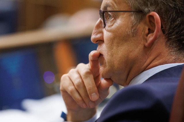 El presidente del PP, Alberto Núñez Feijóo, durante una sesión plenaria en la se aprueba el uso de las lenguas cooficiales en el Congreso
