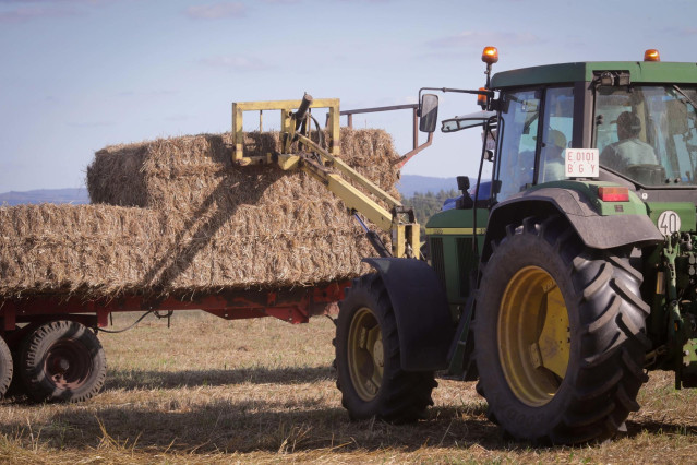 Archivo - Un tractor durante la recogida de trigo.