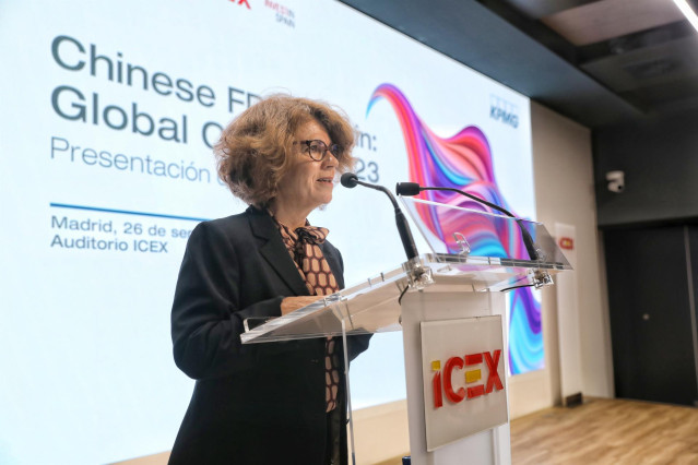 La directora ejecutiva de ICEX-Invest Spain, Elisa García en la prsentación del estudio  “Chinese FDI in Spain: Global Outlook 2023”, elaborado por ICEX-Invest in Spain, en colaboración con KPMG, en el Auditorio ICEX,.