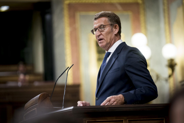 El líder del PP y candidato a la Presidencia del Gobierno, Alberto Núñez Feijóo, ien la tribuna del Congreso
