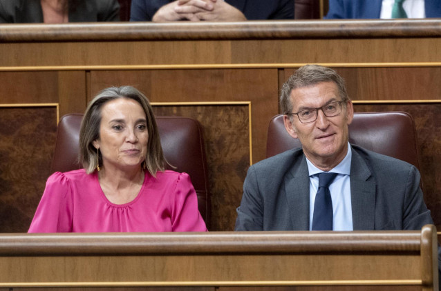 El líder del PP y candidato a la Presidencia del Gobierno, Alberto Núñez Feijóo, y la portavoz del partido en el Congreso, Cuca Gamarra, durante el pleno de investidura del líder del Partido Popular, en el Congreso de los Diputados, a 27 de septiembre de