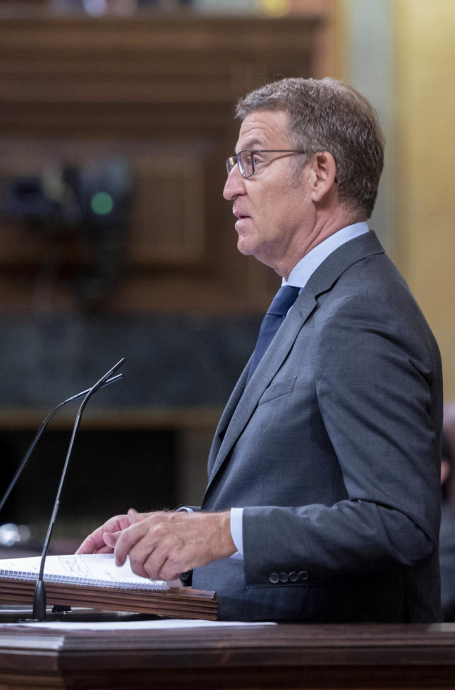El líder del PP y candidato a la Presidencia del Gobierno, Alberto Núñez Feijóo, interviene durante el pleno de investidura