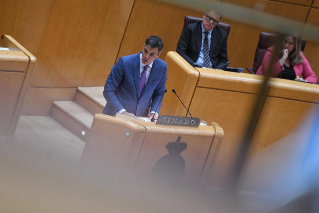 Archivo - El presidente del Gobierno, Pedro Sánchez, interviene durante un pleno del Senado, a 25 de abril de 2023, en Madrid (España). Sánchez y Feijóo se enfrentan hoy a su cuarto cara a cara en el Pleno del Senado. El debate, a tan solo dos semanas par