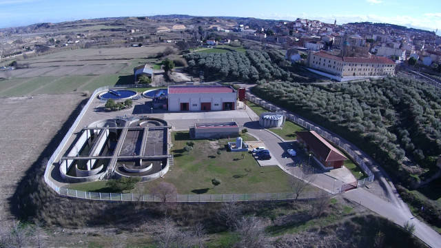 VIsta aérea de la depuradora de Caspe.