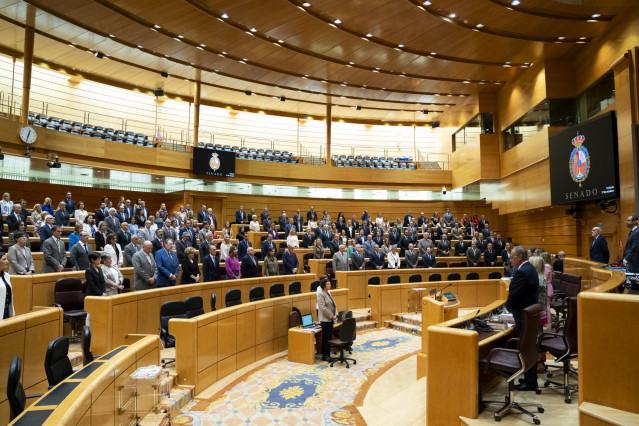 Vista general de un minuto de silencio por las víctimas de la violencia de género, antes del inicio de una sesión plenaria en el Senado, a 17 de octubre de 2023, en Madrid (España). Durante el pleno del Senado, el Partido Popular ha expresado su oposición