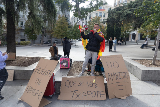 Un joven de 28 años envuelto en una bandera de España protesta por la amnistía ante el Congreso