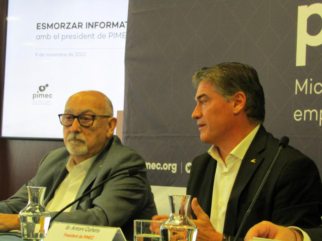 Archivo - El presidente de Pimec en la ciudad de Barcelona, Àlex Goñi, y el presidente de Pimec, Antoni Cañete