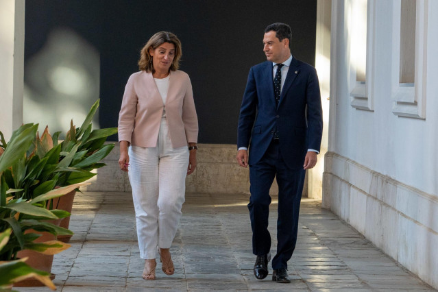 Archivo - La vicepresidenta tercera y ministra en funciones, Teresa Ribera, y el presidente de la Junta de Andalucía, Juanma Moreno, en una imagen de su reunión el 3 de octubre en Sevilla.