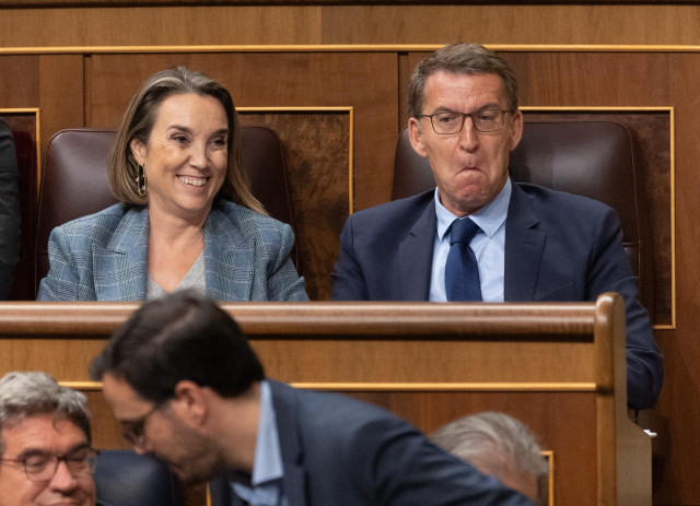 La secretaria general del PP, Cuca Gamarra, y el presidente del Partido Popular, Alberto Núñez Feijóo, durante la primera sesión del debate de investidura de Pedro Sánchez como presidente de Gobierno, en el Congreso de los Diputados, a 15 de noviembre de