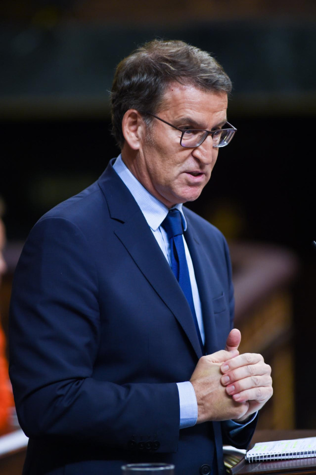 El presidente del PP, Alberto Núñez Feijóo, interviene durante la primera sesión del debate de investidura de Pedro Sánchez como presidente de Gobierno, en el Congreso