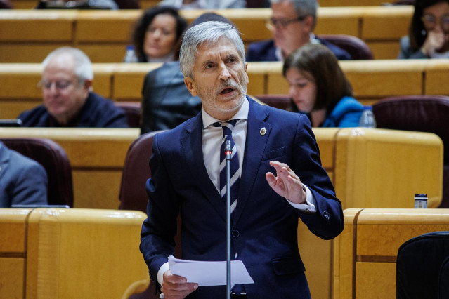 El ministro del Interior en funciones, Fernando Grande-Marlaska, interviene durante una sesión de control al Gobierno, en el Senado, a 7 de noviembre de 2023, en Madrid (España).