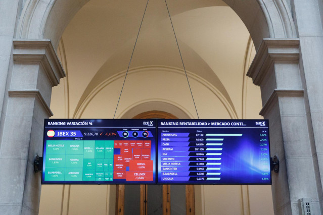 Archivo - Dos paneles del Ibex 35, en el Palacio de la Bolsa, a 7 de julio de 2023, en Madrid (España).