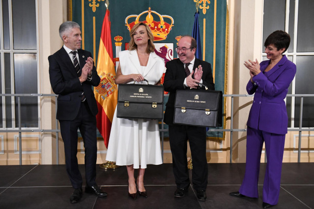 (I-D) El ministro de Interior, Fernando Grande-Marlaska; la hasta ahora ministra de Educación y Formación Profesional, Pilar Alegría y nueva ministra de Deporte y Portavoz del Gobierno; el hasta ahora ministro de Cultura y Deporte, Miquel Iceta y la nueva