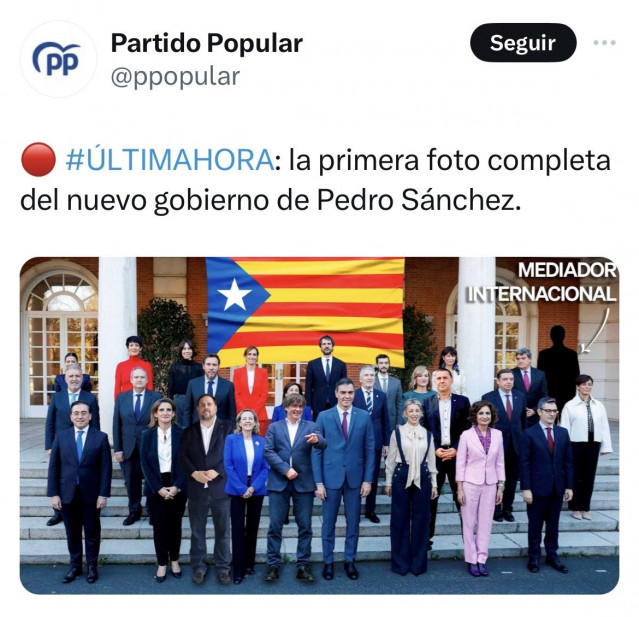 Captura del mensaje publicado por el PP en su cuenta oficial de la red social X pero que ha eliminado pocos minutos después.