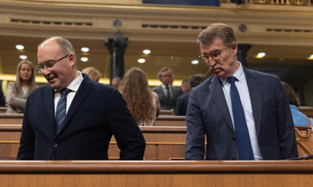 El portavoz del PP en el Congreso, Miguel Tellado (i), y el presidente del Partido Popular, Alberto Núñez Feijóo (d), a su llegada a una sesión plenaria, en el Congreso de los Diputados, a 5 de diciembre de 2023, en Madrid (España).