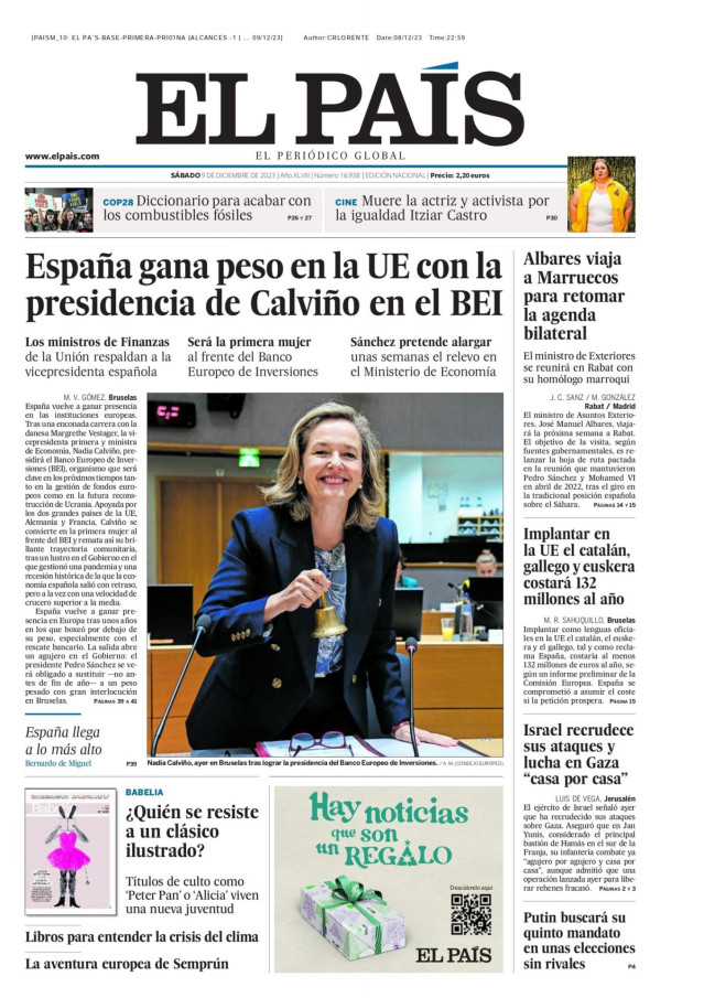Portada de El País del sábado 9 de diciembre de 2023