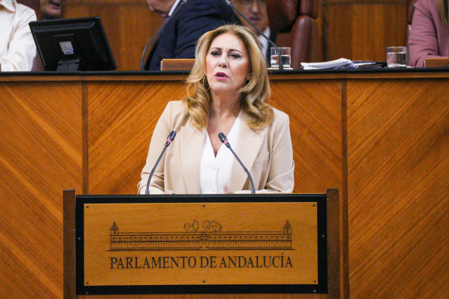 La consejera de Economía, Hacienda y Fondos Europeos, Carolina España, durante una intervención en el Parlamento andaluz, a 16 de noviembre de 2023, en Sevilla, Andalucía (España).