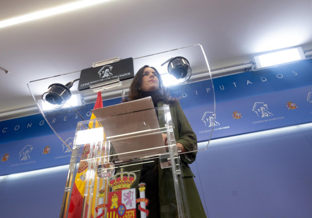 La portavoz de VOX en el Congreso, Pepa Millán, ofrece una rueda de prensa previa a la reunión de la Junta de Portavoces, a 12 de diciembre de 2023, en Madrid (España).