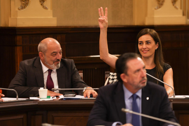 Los diputados de VOX Sergio Rodríguez e Idoia Ribas durante la votación en un pleno del Parlament balear, a 14 de noviembre de 2023.