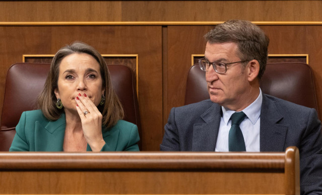 La secretaria general del PP, Cuca Gamarra y el presidente del PP, Alberto Núñez Feijóo, durante una sesión de control al Gobierno, en el Congreso de los Diputados, a 13 de diciembre de 2023, en Madrid (España). El Congreso celebra su primera sesión de co
