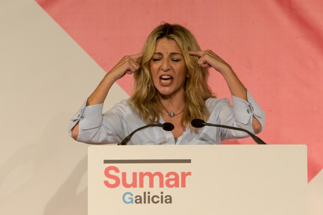 La líder de Sumar y vicepresidenta segunda del Gobierno, Yolanda Díaz, interviene durante la presentación del proyecto de Sumar Galicia, en Palexco, a 16 de diciembre, en A Coruña, Galicia (España). Yolanda Díaz ha asistido hoy a A Coruña para presentar l
