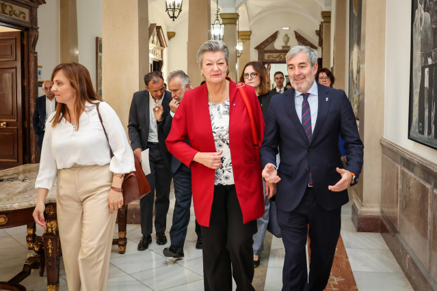 La comisaria de Interior, Ylva Johansson (c) y el presidente de Canarias, Fernando Clavijo (d), a su llegada a una rueda de prensa tras un encuentro, a 15 de diciembre de 2023, en Las Palmas de Gran Canaria, Gran Canaria, Islas Canarias (España). Dicho en