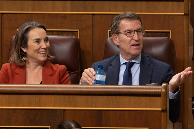 La secretaria general del PP, Cuca Gamarra y el líder del PP, y el líder del PP, Alberto Núñez Feijóo, durante una sesión plenaria, en el Congreso de los Diputados, a 12 de diciembre de 2023, en Madrid (España).