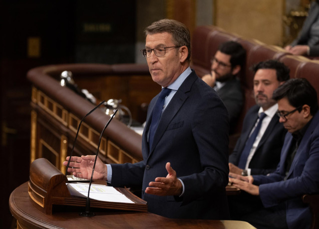 El presidente del PP, Alberto Núñez Feijóo, interviene durante una sesión plenaria, en el Congreso de los Diputados, a 12 de diciembre de 2023, en Madrid (España). El Pleno del Congreso acoge hoy el primer debate de la proposición de Ley de Amnistía regis
