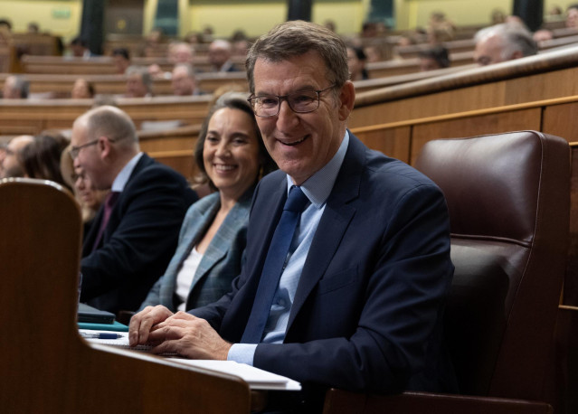 La secretaria general del PP, Cuca Gamarra y el presidente del partido, Alberto Núñez Feijóo, en el Pleno del Congreso.