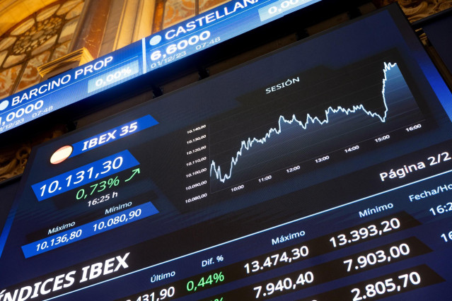 Vista de las pantallas informativas, en la Bolsa de Madrid, a 1 de diciembre de 2023, en Madrid (España).