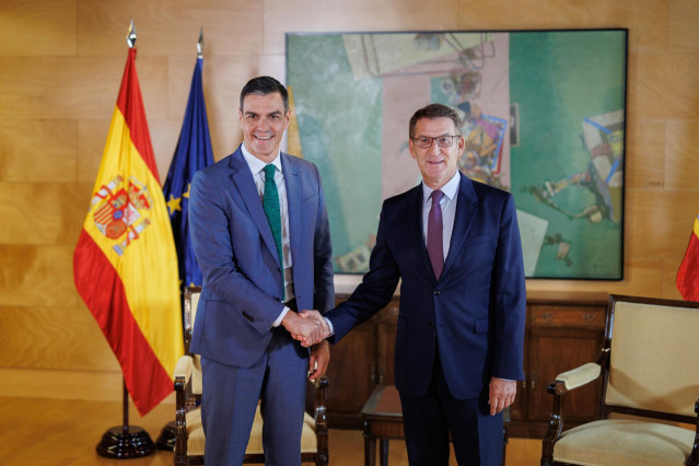 Archivo - El secretario general del PSOE y presidente del Gobierno , Pedro Sánchez (i), se reúne con el líder del Partido Popular, Alberto Núñez Feijóo (d), dentro de la ronda de contactos para la investidura, en el Congreso de los Diputados, a 9 de octub