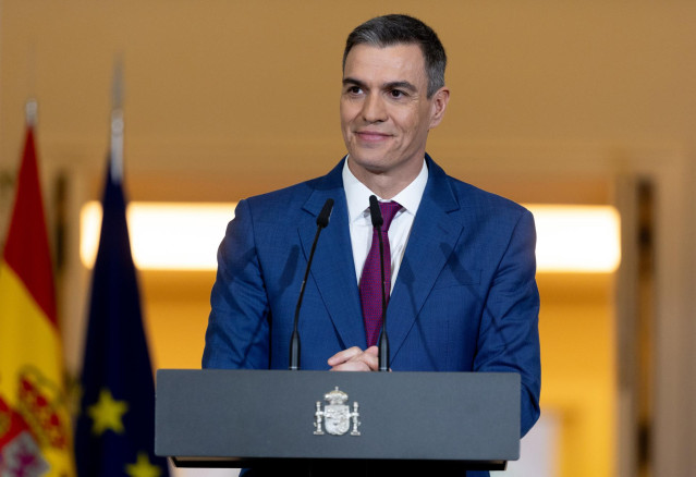El presidente del Gobierno, Pedro Sánchez, durante la rueda de prensa para hacer balance del año 2023, en el Palacio de la Moncloa.