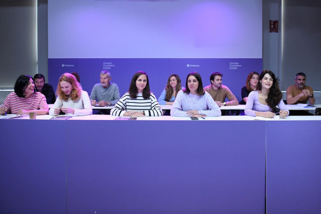 Archivo - (I-D) La eurodiputada y responsable de la Secretaría Internacional de Podemos, Idoia Villanueva, la secretaria de Organización de Podemos, Lilith Verstrynge, la secretaria general de Podemos, Ione Belarra, la exministra de Igualdad, Irene Monter