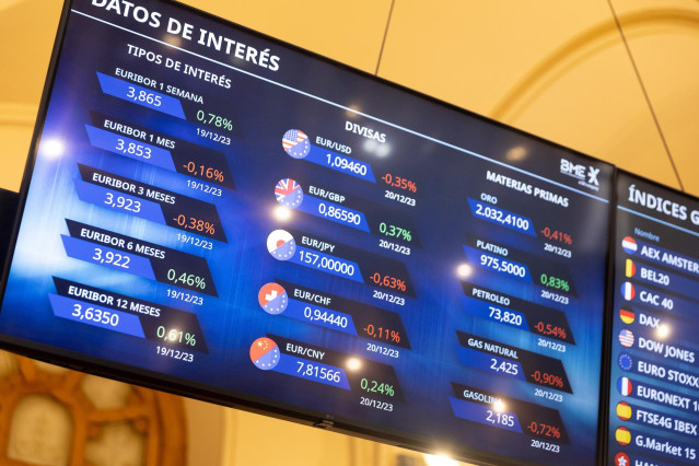 Un panel del IBEX 35 en el Palacio de la Bolsa, a 21 de diciembre de 2023, en Madrid (España).