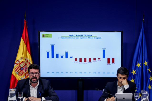 Archivo - Los secretarios de Estado de Empleo y Economía Social, Joaquín Pérez Rey (i) y de Seguridad Social y Pensiones, Borja Suárez (d), presentan los datos de paro registrado y de afiliación a la Seguridad Social correspondientes a agosto, en la sede