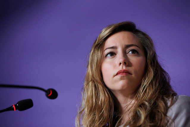 Archivo - La secretaria de Acción Institucional de Podemos, María Teresa Pérez, durante una rueda de prensa en la sede de Podemos, a 3 de abril de 2023, en Madrid (España).
