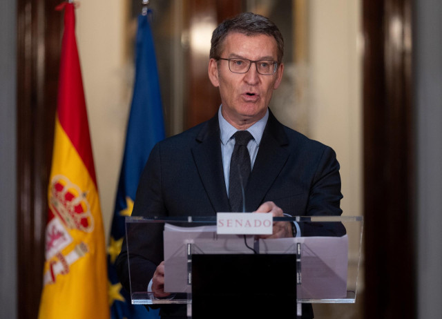 El presidente del Partido Popular, Alberto Núñez Feijóo, ofrece declaraciones durante la sesión extraordinaria del Congreso, en el Palacio del Senado, a 18 de enero de 2024, en Madrid (España). El Congreso de los Diputados aprueba hoy la iniciativa impuls