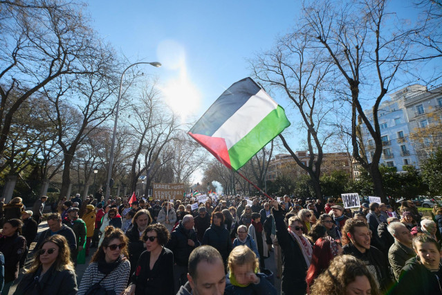 Una bandera de Palestina durante una manifestación en apoyo a Palestina, a 20 de enero de 2024, en Madrid (España).
