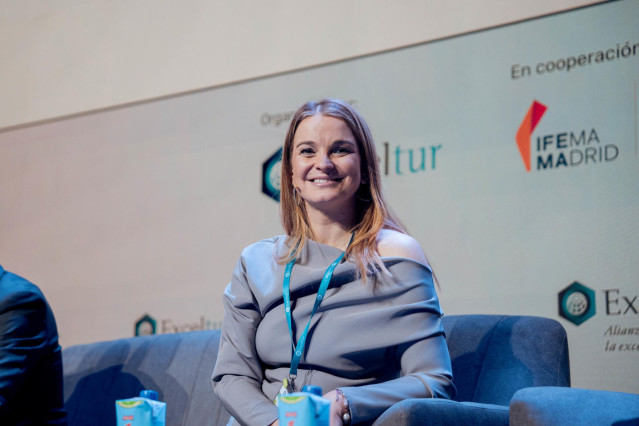 La presidenta del Govern balear, Marga Prohens, interviene durante la inauguración del XII Foro de Liderazgo Turístico, organizado por Exceltur, en la Feria de Madrid, IFEMA, a 23 de enero de 2024, en Madrid (España).