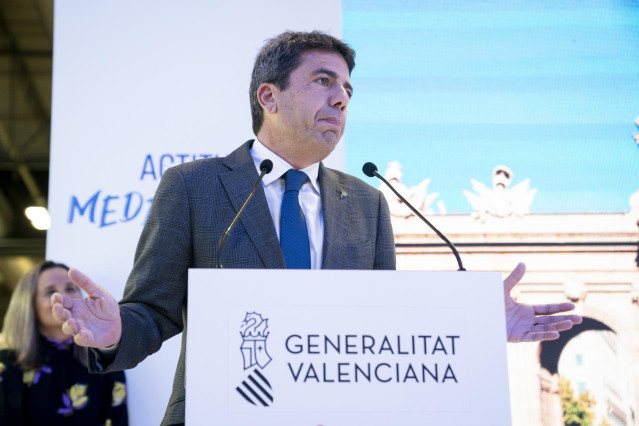 El president de la Generalitat, Carlos Mazón, interviene durante la primera jornada de la Feria Internacional de Turismo, FITUR 2024.