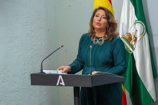 La consejera de Agricultura, Pesca, Agua y Desarrollo Rural, Carmen Crespo durante la rueda de prensa posterior al Consejo de Gobierno andaluz en el Palacio de San Telmo. A 29 de enero del 2024, en Sevilla (Andalucía, España). Como cada martes, el Consejo