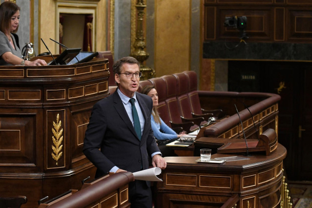 El líder del PP, Alberto Núñez Feijóo, interviene durante una sesión plenaria, en el Congreso de los Diputados, a 30 de enero de 2024, en Madrid (España). El Pleno del Congreso celebra una sesión extraordinaria hoy para debatir y votar el dictamen de la C