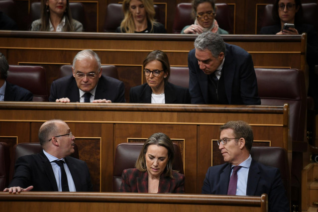 El coordinador general del PP, Elías Bendodo (1d), conversa con el portavoz del Grupo Parlamentario Popular en el Congreso, Miguel Tellado (1i), durante una sesión plenaria, en el Congreso de los Diputados, a 29 de febrero de 2024, en Madrid (España). El