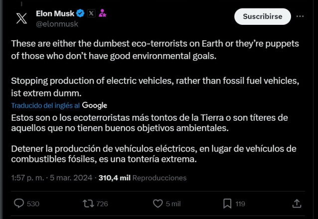 Un presunto ataque incendiario para la planta de Tesla en Alemania. El consejero delegado de Tesla, Elon Musk ha manifestado su indignación en la red social 'X' (antes Twitter).